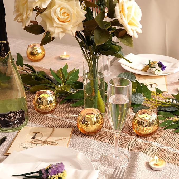 Homemory 12 Pcs Gold Votive Candle Holders, Round Mercury Glass Candle Holder, Tealight Candle Holders for Table Centerpieces, Baby Shower,Anniversary, Wedding, Home Decor, Halloween, Christmas