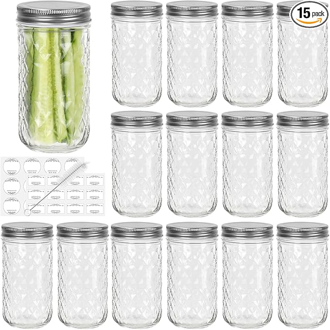 CycleMore 15 Pcs 12oz Mason Jars With One Piece Silver Metal Lids, Canning Jars Glass Regular Mouth Jar for Honey, Jam, Jelly, Wedding Favors, Kitchen Food Storage