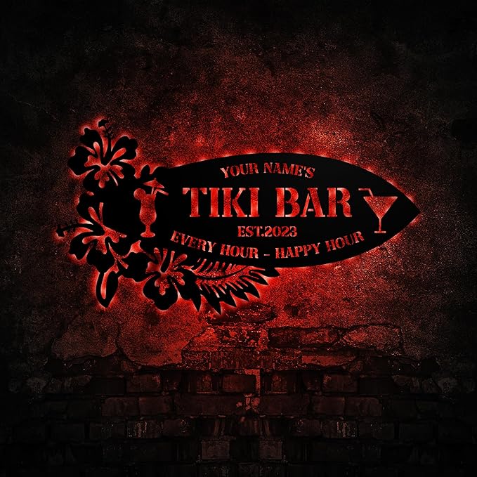 Personalized Tiki Bar Decor LED Tin Metal Sign Wall Art, Backyard Grill Pool Area Decorations, Poolside Tiki Bar Beach House Gifts