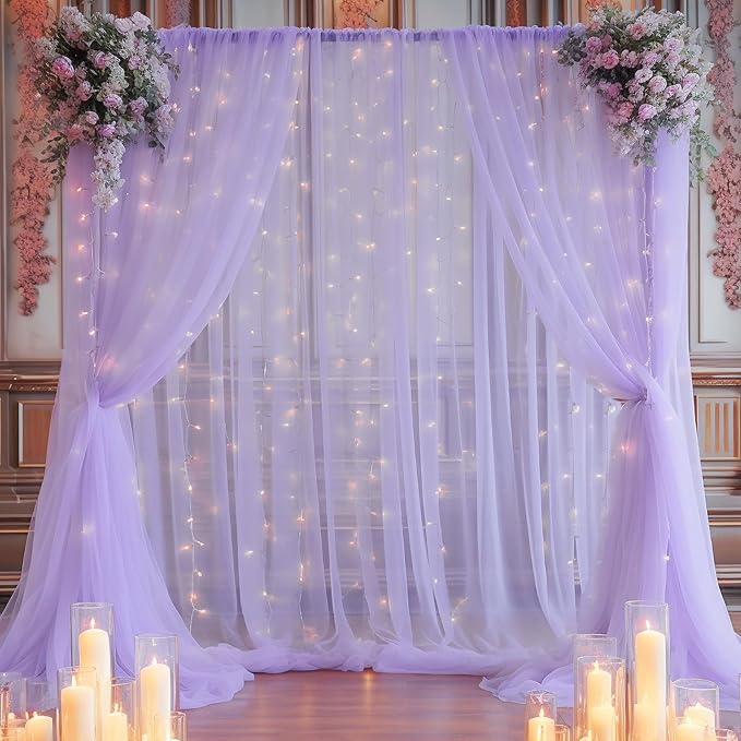 10×10ft Purple Tulle Backdrop Curtain with Lights String for Parties, Sheer Photo Curtain Backdrop Drapes for Wedding Party Photography Backgrounds