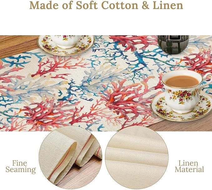 Blue Beach Table Runner, Tropical Ocean Coast Table Runner, Seashell Seasonal Nautical Restaurant Coffee Table Decorations for Home Holiday Party Indoor Outdoor 13x90 Inch
