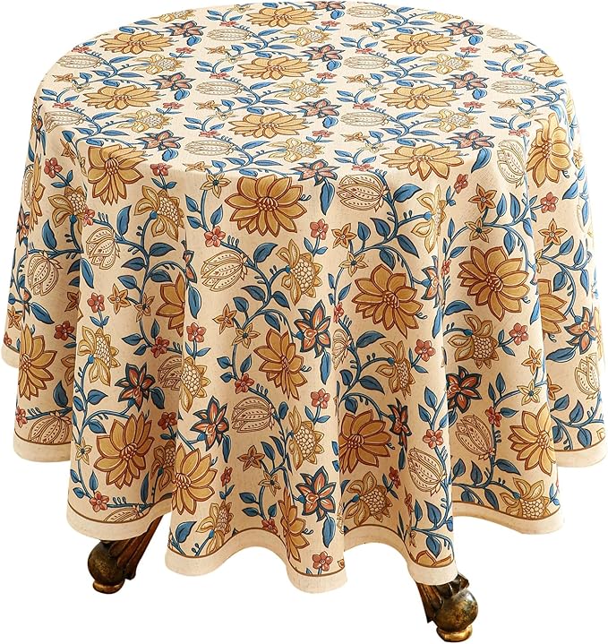 ISAENNE Designer Bohemian Floral Round Tablecloth,Linen Colorful Table Cloth,Wrinkle Resistant Decor Tablecloths for Dining Thanksgiving Kitchen Party Christmas,Diameter 67"-Estevan B