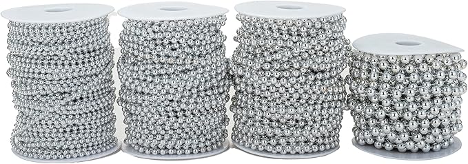 4mm Crafts Faux Pearl Beads Garland Pearl Bead Roll Strand of Pearls to Decorate Floral Centerpieces Wedding Party Favor Christmas Tree(131 Feet Silver)