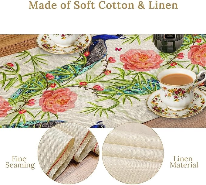 Peacock Table Runner,Seasonal Flower Plants Peacock Birds Table Runner for Home Kitchen Dining Party Indoor Outdoor Decoration 13x120 Inch