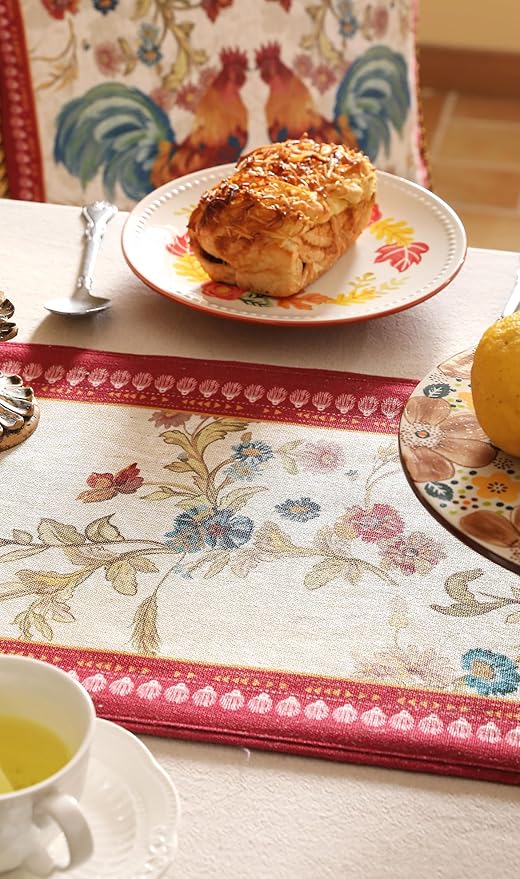 patdrea Designer Farmhouse Linen Table Runner, Rustic Cottage Mauve with Rooster and Floral Pattern Fabric Table Mat, Decoration for Kitchen Dining Coffee Table Banquet Christmas , 12"*71"