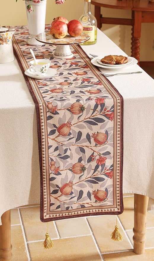 patdrea Designer Vintage SaddleBrown Extra Long Linen Table Runner 118 Inch Long,Pomegranates Pattern Table Mat, Decor for Kitchen Dining Coffee Table Shelf Cabinet Banquet Christmas ,12"*118"