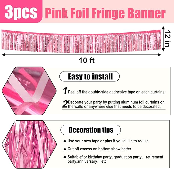 3 Pack 10 Feet Pink Foil Fringe Garland Metallic Tinsel Streamers Banner Wall Hanging Curtain Backdrop for Parade Floats, Christmas Day, Valentine's Day, Thanksgiving, Birthday Party Decorations