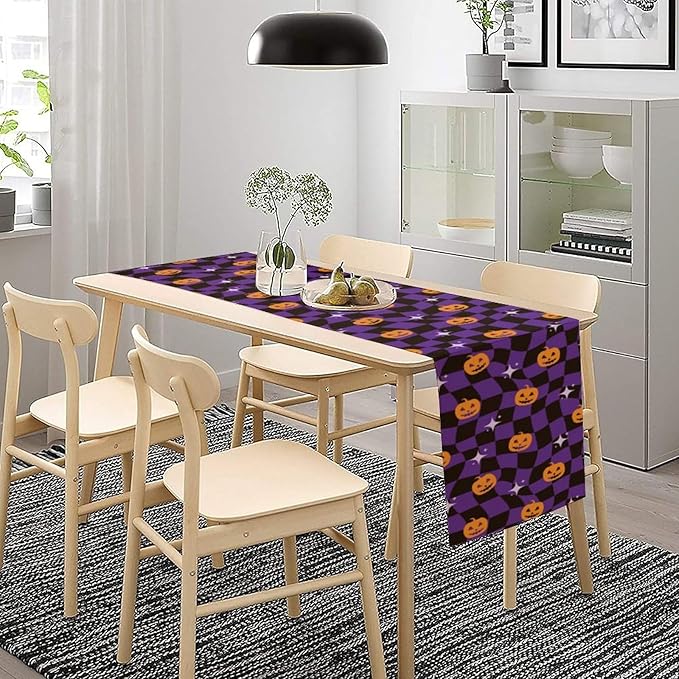 Halloween Table Runner,Purple Checkered Pumpkin Table Runner for Kitchen Dining Table Decoration Home Party Decor 13x120 Inch