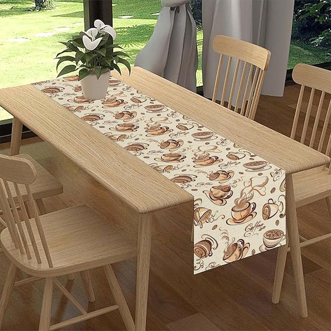 Coffee Time Table Runner, Farmhouse Retro Coffee Cup Tea Party Cafe Table Center Decor for Home Kitchen Dining Patio Holiday Party Indoor Outdoor Table Decorations,13"x108" Inch