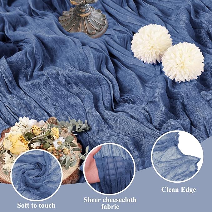 Asee'm 12pcs Cheesecloth Table Runner 120 Inches Long Blue Boho Gauze Cheese Cloth Runner 10FT Rustic Sheer Table Runners for Christmas Wedding Party Baby Shower Spring Easter Decoration