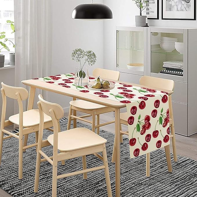 Red Cherry Table Runner Watercolor Tropical Fruit Spring Summer Wild Berry Dinner Runner for Girl Baby Shower Party Holiday Home Kitchen Dining Table Decor 13x90