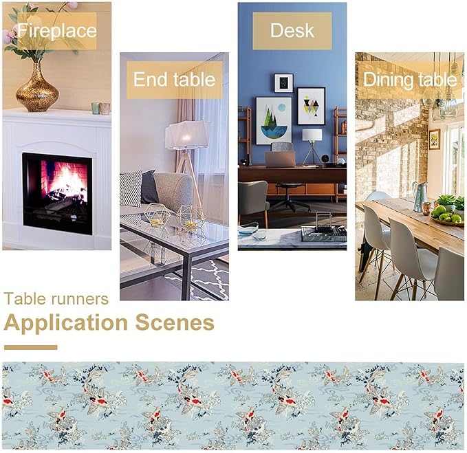 Kio Fish Table Runner Waves Retro Japanese Tradition Art Printed Burlap Runner Home Kitchen Dining Table Living Room Decor Fabric 1 Panel W13xL60in
