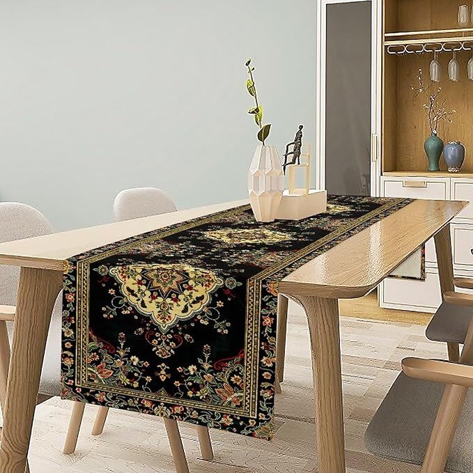 Colorful Boho Flower Table Runner, Vintage Rustic Farmhouse Paisley Hand Drawing Print Pattern for Home Kitchen Table Decor Dining Coffee Room Garden Party Decor 13x120in