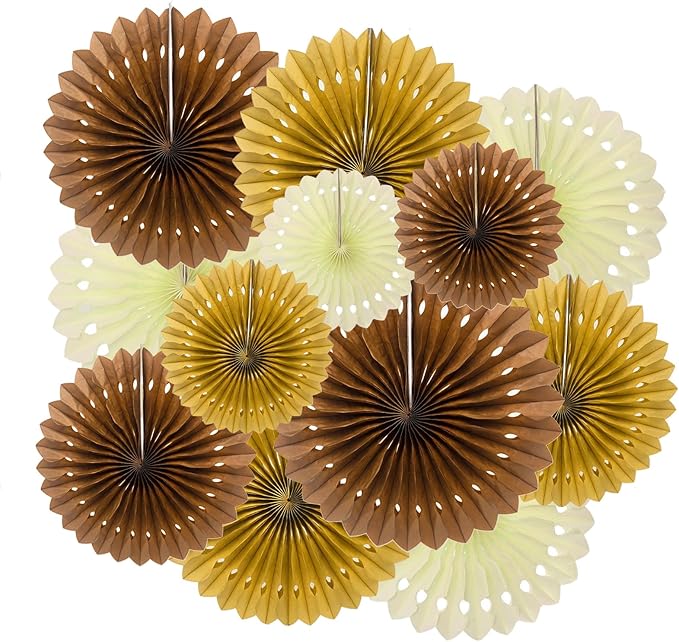 ZOOYOO Hanging Paper Fans Party Decorations,12 Pcs Brown Honeycomb Round Fans,Ceiling Decor for Birthday,Wedding,Graduations,Thanksgiving,Boho Party Backdrop