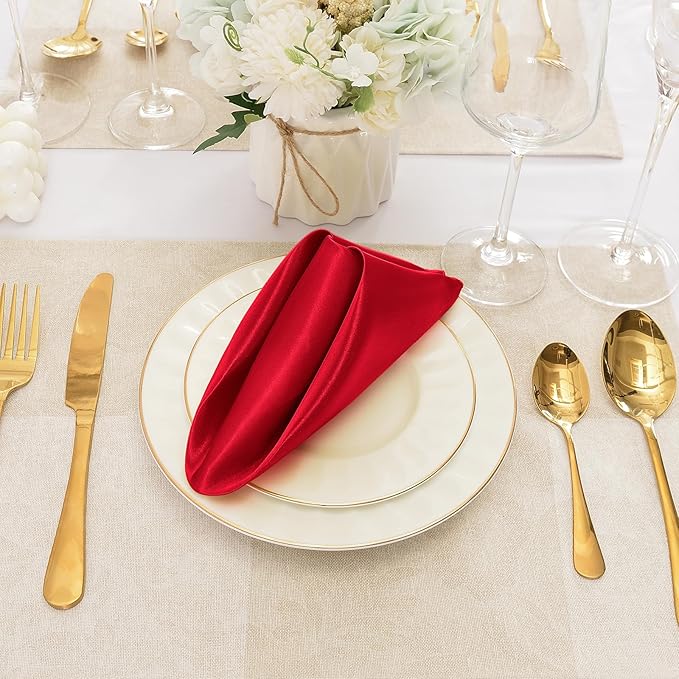 12 Pieces Red Satin Napkins, 17" x 17" Square Table Napkins, Silky Soft Smooth Washable Napkins for Restaurant, Weddings, Dinner, Party Decoration