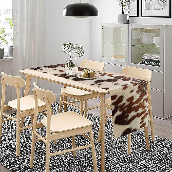 Farmhouse Cow Skin Print Table Runner, Safari Wildlife Brown Country Farm Cowhide Pattern Cotton Linen Rustic Cottage Table Runner for Dinning Home Party Holidays Home Setting, 13x108 Inch