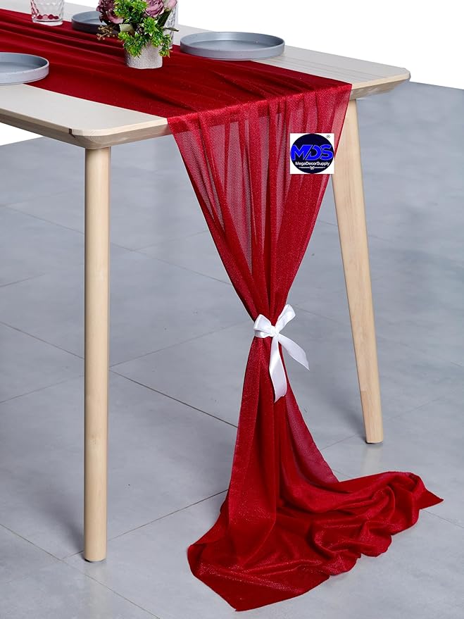 MDS 2 Pack 14ft Chiffon Table Runner 29 x 170 Inches Sheer Wedding Runner Romantic Rustic Table Runner for Wedding Decorations, Birthday Parties, Bridal Shower Party Arch Decor - Apple red
