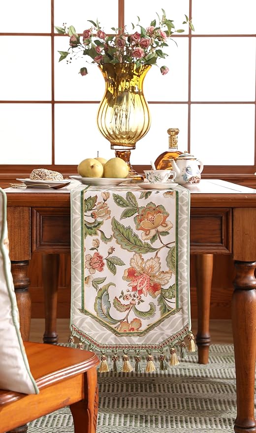 patdrea Designer Elegant French Floral Extra Long Velvet Table Runner,Green with Orange Blossoms Pattern Table Mat,Decoration for Kitchen Dining Coffee Table Cabinet Banquet Thanksgiving,12"*118"