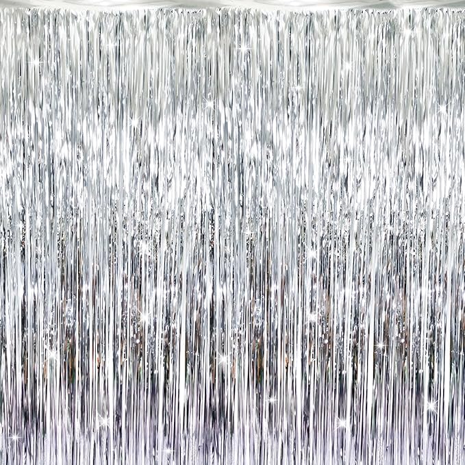 GOER 3.2 ft x 9.8 ft Metallic Tinsel Foil Fringe Curtains Party Photo Backdrop Party Streamers for Birthday,Graduation,New Year Eve Decorations Wedding Decor (Silver,1 Pack)