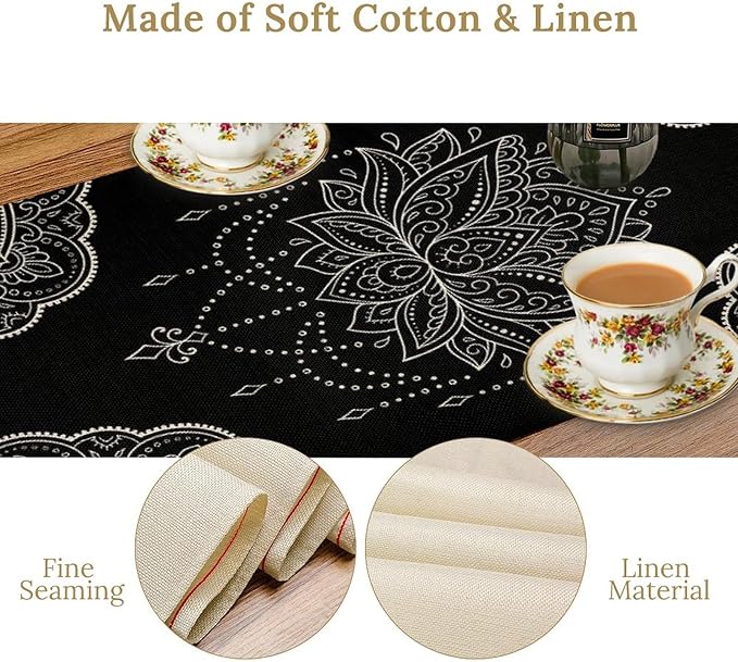 Lotus Flower Table Runner, Bohemian Ethnic Oriental Mandala Black White Floral Print Table Runner for Home Kitchen Dining Indoor Outdoor Dinner Party Decor, 13x70inch
