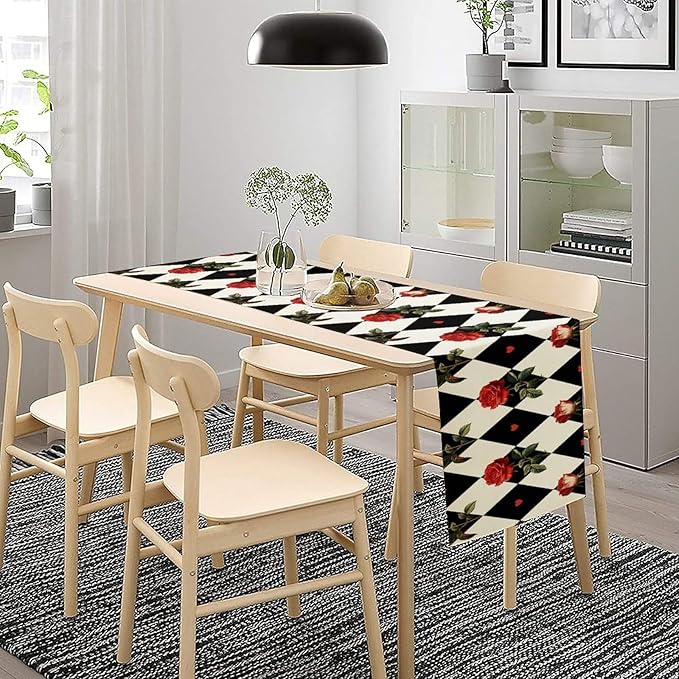 Vintage Rose Table Runner, Red Rose Hearts Black White Checkered Background Table Runner for Kitchen Dinning Table Runner Decor Home Wedding Party Holiday, 13x36 Inch