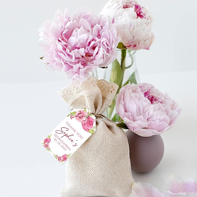Andaz Press 40-Pack Personalized Quinceañera Favor Tags with String, Pink Roses Custom Classic Thank You Gift Tags for Quince Años XV 15th Birthday Favor Gifts, Quinceanera Decorations