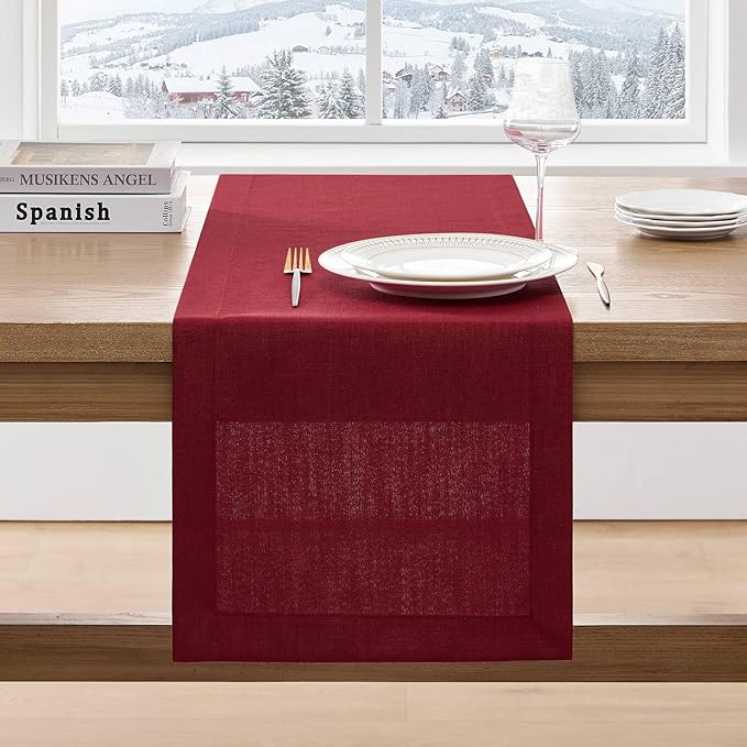 ZeeMart Linen Textured Border Table Runner, 14 x 72 Inch Red, Farmhouse Style Red Table Runners 72 Inches Long, Easy Care Everyday Polyester Table Runner