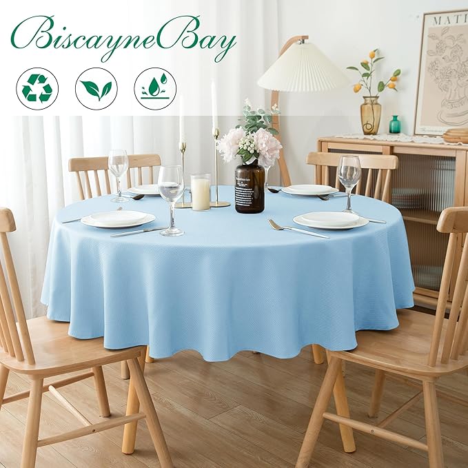 Biscaynebay Textured Fabric Round Tablecloths 60" for Round Tables diameters from 28" to 48", Light Blue Water Resistant Folding Table Covers Washable for Dining, Kitchen, Wedding, Parties etc