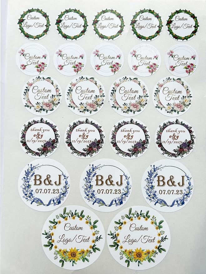 Custom Stickers for Weddings, Birthdays & Businesses - Personalized Labels with Your Logo - Waterproof, Fade and Heat Resistant - Pack of 100-1000 (Wreath G, 3 Inch)