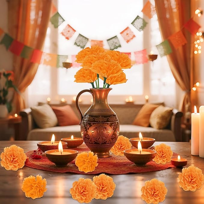 50 Pcs Artificial Marigold Flowers,2" Silk Marigold Flower Heads with Stems,Orange Flowers Artificial for Diwali Decor,Indian Wedding,Home,DIY Wreath Garland,Day of The Dead Decorations