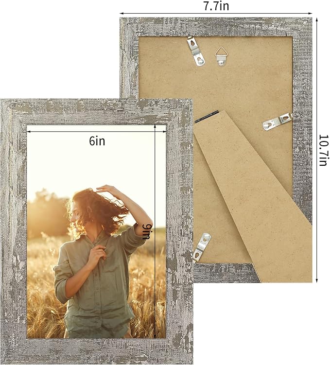 6x9 Picture Frame Set of 4, High Definition Glass Distressed Moss Green Frame, 6 x 9 Rustic Wood Photo Frames for Tabletop Display and Wall Mounting
