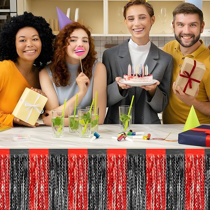 6 Pack 29x108 Inch Black Red Wave Foil Fringe Table Skirts Metallic Banner for Tinsel Streamer Garland Backdrop for Parade Floats Wedding, Mother's Day, Birthday Mardi Gras Party Decorations
