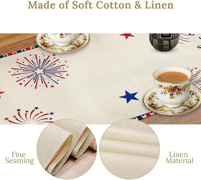 Cute Patriotic Gnomes Table Runner, American Independence Day 4th of July Gnome Blue Red Fireworks Confetti Print Table Runner for Home Kitchen Dining Table Party Decor, 13x70inch