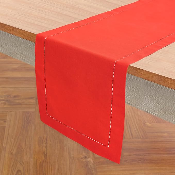 Solino Home Cotton Linen Poppy Red Table Runner 72 Inches Long - Hemstitch Table Runner 14 x 72 Inch for Dresser, Dining, Halloween