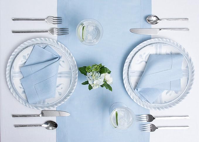 Solino Home Linen Sky Blue Table Runner 48 Inches - Classic Hemstitch, 100% Pure Linen Coffee Table Runner 14 x 48 Inch Ideal for Dresser Tables - Holiday