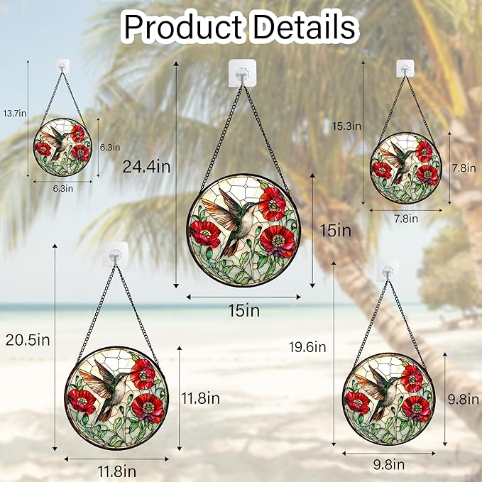 Stained Glass Window Hanging - Green Hummingbird Red Flower Suncatcher for Door Terrace Garden Home Decor Bird Landscape Sun Catcher Birthday Gifts for Lovers Women Men Dad Mom Nana 11.8 in