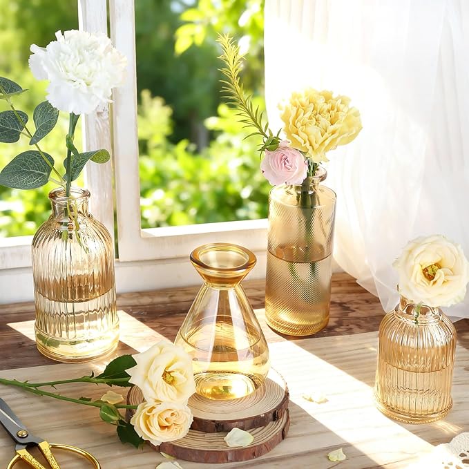 Amber Glass Bud Vases Set of 36, Mini Flower Vase for Centerpieces, Small Gold Bud Vases in Bulk for Wedding Decorations, Vintage Vase for Table, Recepetion, Home Décor