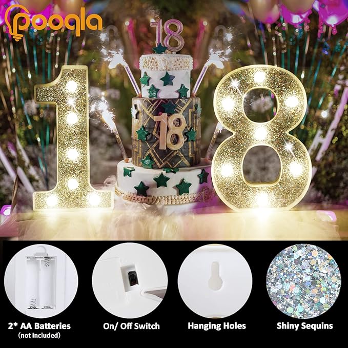 Pooqla Silver Decorative Signage, Lighted Number 5, Battery Powered LED Night Light for Christmas Wedding Home Bar Birthday Party Decoration, Plastic, Silver, 8.86 inches