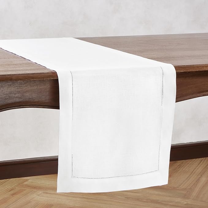 Linen Table Runner 48 inches – 100% Pure Linen Off White Medium Weight Hemstitch Table Runner 14 x 48 Inch – Ideal for Dresser and Coffee Tables, Spring, Summer, Wedding Gift – Azure