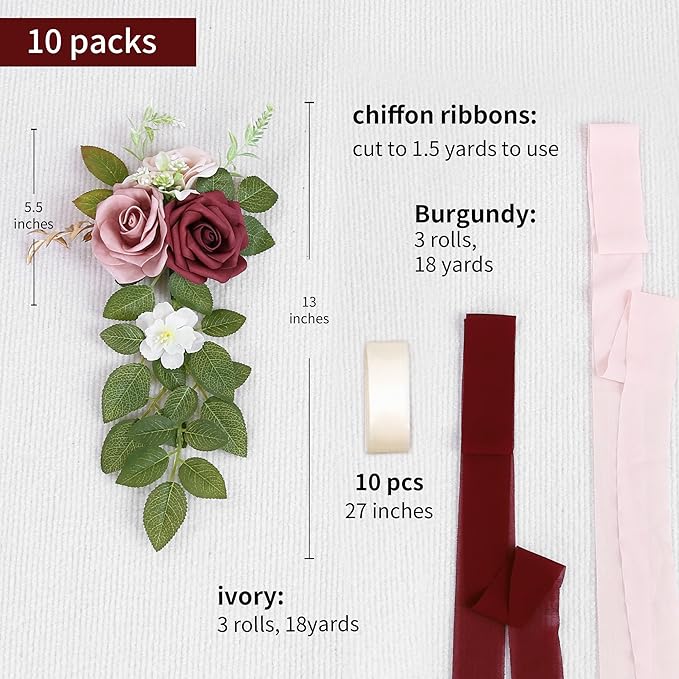 Artificial Flowers for Wedding Aisle with Burgundy Roses and Chiffon Ribbon