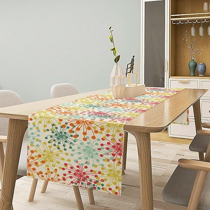 Mid Century Flower Table Runner, Colorful Geometric Abstract Chrysanthemum Vintage Farmhouse Decorations Orange Yellow Gray Table Runner for Kitchen Dining Holiday Party Decor, 13x120 Inch