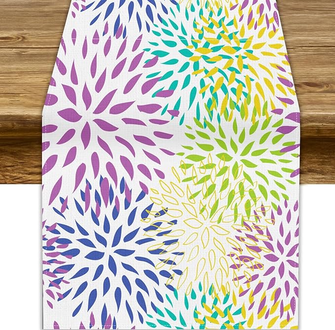 Purple Flowers Table Runner, Chrysanthemum Dahlia Vintage Modern Colorful Spring Summer Elegant Table Runner for Party Kitchen Dining Living Room Laundry Room Decor, 13x70 Inch