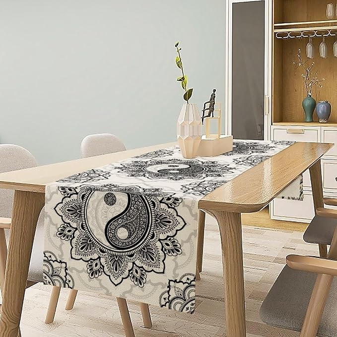 Yin Yang Table Runner, Bohemian Mandala Vintage Black White Traditional Oriental Floral Print Table Runner for Home Kitchen Dining Table Wedding Party Decor, 13x36inch