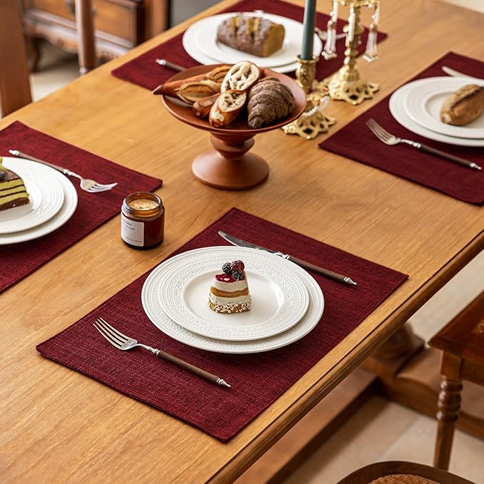 Place Mats Set of 8 in Red, Machine Washable Linen-Look, 12 x 18 Inch