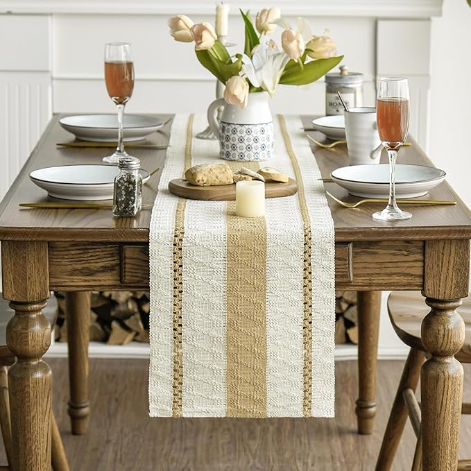 Artoid Mode Burlap Brown Farmhouse Woven Rustic Table Runner, Seasonal Holiday Hollow Kitchen Dining Table Decoration for Home Party Decor 12x120 Inch