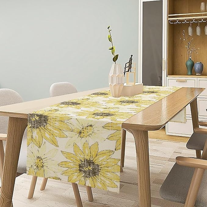 Chrysanthemum Vintage Floral Table Runner, Elegant Grunge Gray Sunflower Spring Summer Elegant Pattern Artichokes Flower Table Runner for Party Kitchen Dining Living Room Decor, 13x36 Inch