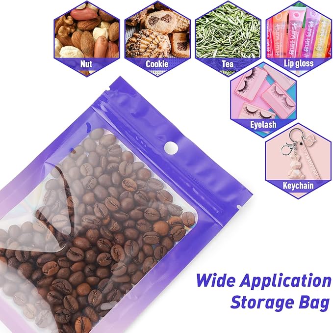 Funfery 100 Pack Gradient Holographic Bags,Mylar Resealable Bag with Zipper,Clear Window Packaging Pouch,Smell Proof Foil Bags for Food Storage,Sample Jewelry Baggies(2.7×3.9in,Purple Pink)