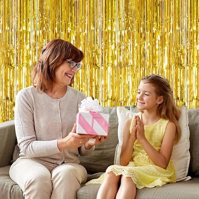 5 Pack Gold Foil Curtain Backdrop 3.2ft x 9.8ft Metallic Tinsel Foil Fringe Curtains Streamer Photo Booth Backdrop for Birthday Party Engagement Bachelorette Party Decorations (Gold)