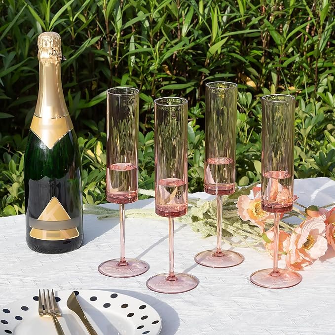 50 PCS Pink Champagne Flutes Plastic 5.4 OZ Clear Acrylic Champagne Flutes Sparkling Wine Glasses Wedding Table Decorations Reusable For Valentines Toasting Engagement Party Supplies (Pink, 50 Pack)