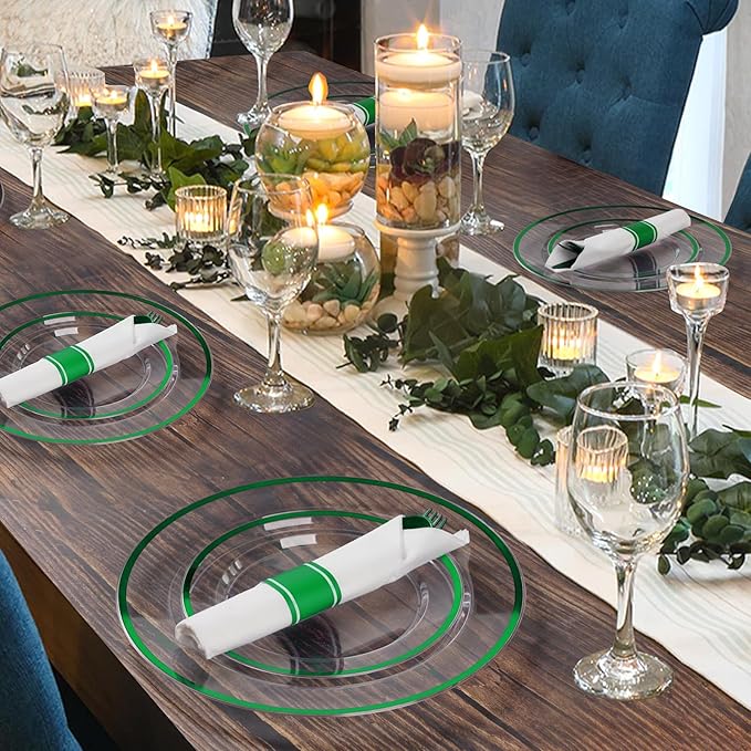 Plates for 50 Guests: Green Plastic Party Set with Cups and Cutlery